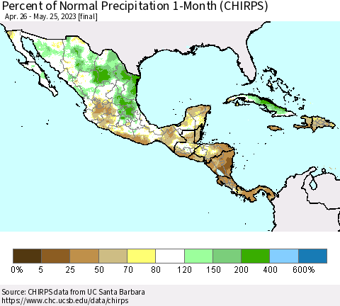Mexico Central America and the Caribbean Percent of Normal Precipitation 1-Month (CHIRPS) Thematic Map For 4/26/2023 - 5/25/2023