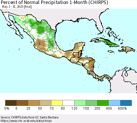 Mexico Central America and the Caribbean Percent of Normal Precipitation 1-Month (CHIRPS) Thematic Map For 5/1/2023 - 5/31/2023