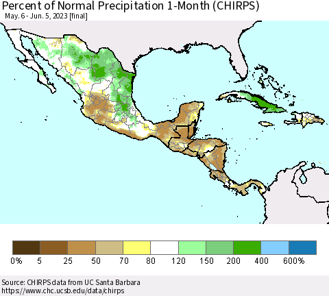 Mexico Central America and the Caribbean Percent of Normal Precipitation 1-Month (CHIRPS) Thematic Map For 5/6/2023 - 6/5/2023