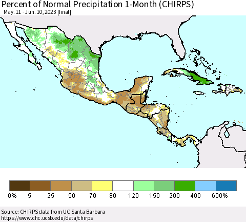 Mexico Central America and the Caribbean Percent of Normal Precipitation 1-Month (CHIRPS) Thematic Map For 5/11/2023 - 6/10/2023