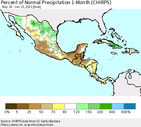 Mexico Central America and the Caribbean Percent of Normal Precipitation 1-Month (CHIRPS) Thematic Map For 5/16/2023 - 6/15/2023