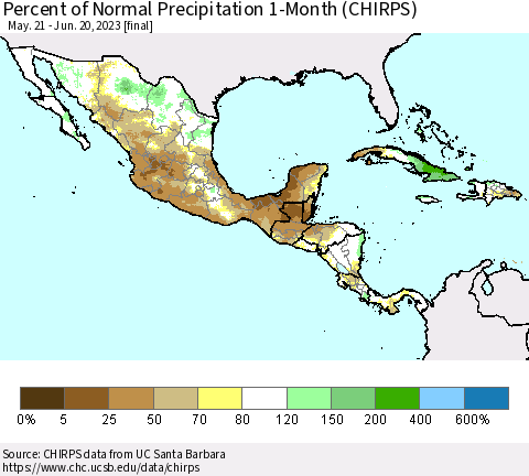 Mexico Central America and the Caribbean Percent of Normal Precipitation 1-Month (CHIRPS) Thematic Map For 5/21/2023 - 6/20/2023
