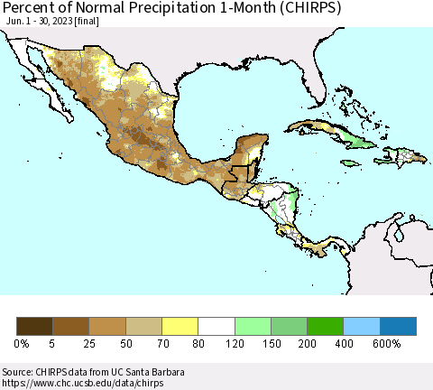 Mexico Central America and the Caribbean Percent of Normal Precipitation 1-Month (CHIRPS) Thematic Map For 6/1/2023 - 6/30/2023