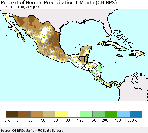Mexico Central America and the Caribbean Percent of Normal Precipitation 1-Month (CHIRPS) Thematic Map For 6/11/2023 - 7/10/2023