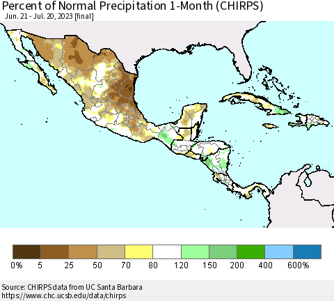 Mexico Central America and the Caribbean Percent of Normal Precipitation 1-Month (CHIRPS) Thematic Map For 6/21/2023 - 7/20/2023