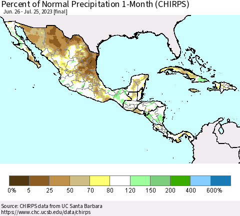 Mexico Central America and the Caribbean Percent of Normal Precipitation 1-Month (CHIRPS) Thematic Map For 6/26/2023 - 7/25/2023
