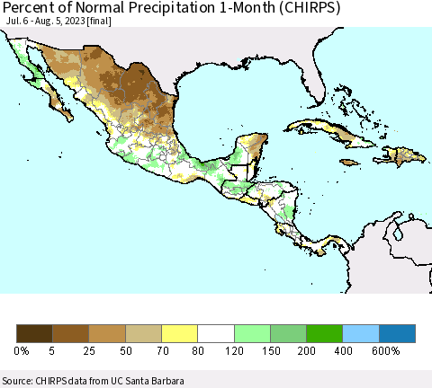 Mexico Central America and the Caribbean Percent of Normal Precipitation 1-Month (CHIRPS) Thematic Map For 7/6/2023 - 8/5/2023
