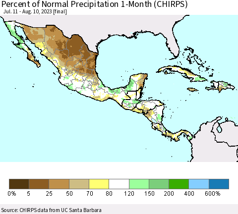 Mexico Central America and the Caribbean Percent of Normal Precipitation 1-Month (CHIRPS) Thematic Map For 7/11/2023 - 8/10/2023