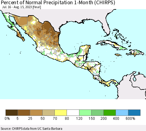 Mexico Central America and the Caribbean Percent of Normal Precipitation 1-Month (CHIRPS) Thematic Map For 7/16/2023 - 8/15/2023