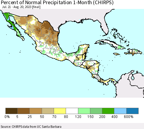 Mexico Central America and the Caribbean Percent of Normal Precipitation 1-Month (CHIRPS) Thematic Map For 7/21/2023 - 8/20/2023