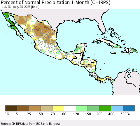 Mexico Central America and the Caribbean Percent of Normal Precipitation 1-Month (CHIRPS) Thematic Map For 7/26/2023 - 8/25/2023
