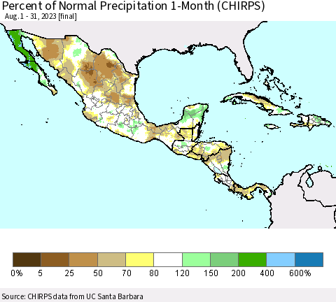 Mexico Central America and the Caribbean Percent of Normal Precipitation 1-Month (CHIRPS) Thematic Map For 8/1/2023 - 8/31/2023