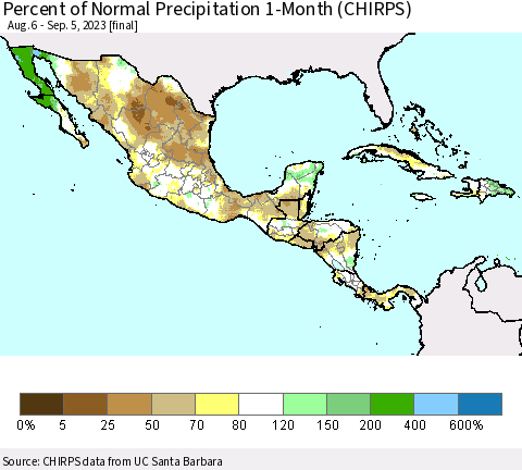 Mexico Central America and the Caribbean Percent of Normal Precipitation 1-Month (CHIRPS) Thematic Map For 8/6/2023 - 9/5/2023
