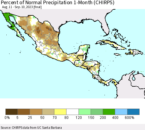 Mexico Central America and the Caribbean Percent of Normal Precipitation 1-Month (CHIRPS) Thematic Map For 8/11/2023 - 9/10/2023