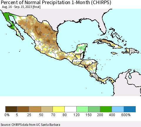 Mexico Central America and the Caribbean Percent of Normal Precipitation 1-Month (CHIRPS) Thematic Map For 8/16/2023 - 9/15/2023