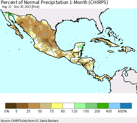 Mexico Central America and the Caribbean Percent of Normal Precipitation 1-Month (CHIRPS) Thematic Map For 8/21/2023 - 9/20/2023