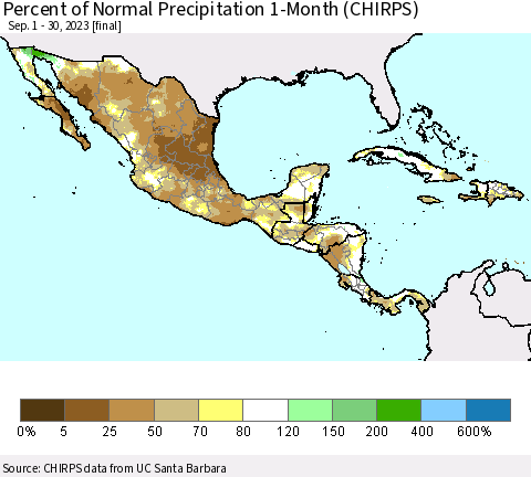 Mexico Central America and the Caribbean Percent of Normal Precipitation 1-Month (CHIRPS) Thematic Map For 9/1/2023 - 9/30/2023