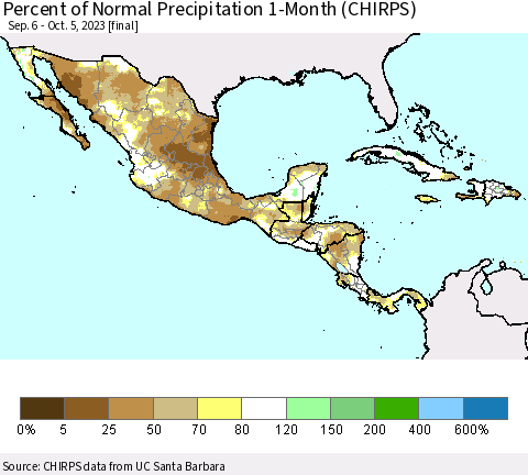 Mexico Central America and the Caribbean Percent of Normal Precipitation 1-Month (CHIRPS) Thematic Map For 9/6/2023 - 10/5/2023