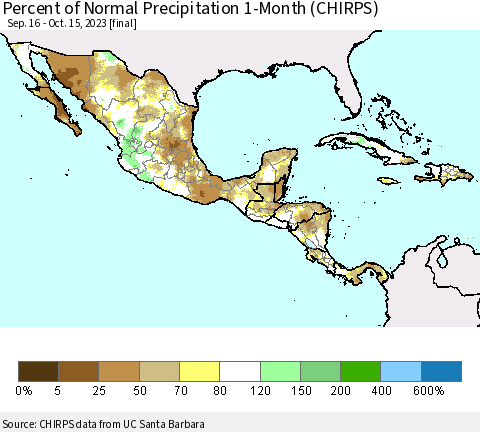 Mexico Central America and the Caribbean Percent of Normal Precipitation 1-Month (CHIRPS) Thematic Map For 9/16/2023 - 10/15/2023