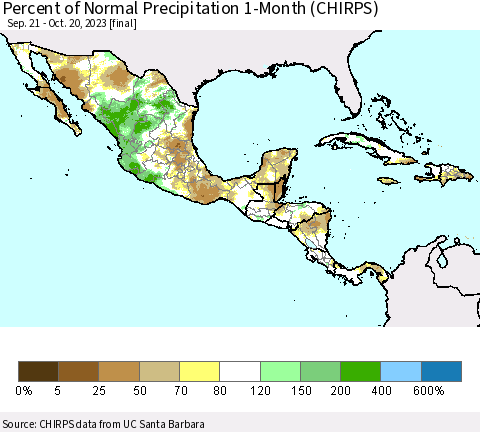 Mexico Central America and the Caribbean Percent of Normal Precipitation 1-Month (CHIRPS) Thematic Map For 9/21/2023 - 10/20/2023
