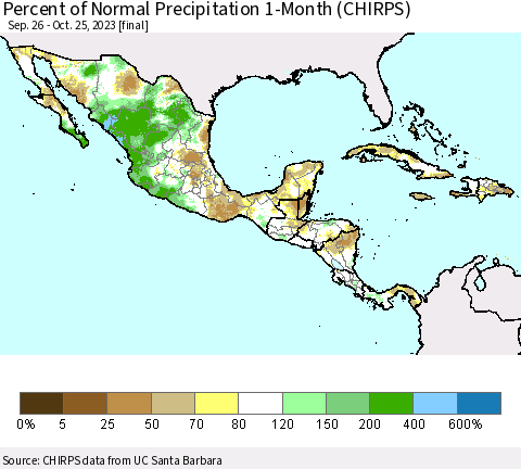 Mexico Central America and the Caribbean Percent of Normal Precipitation 1-Month (CHIRPS) Thematic Map For 9/26/2023 - 10/25/2023