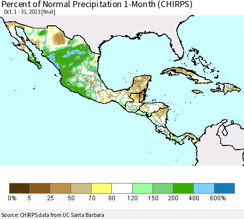 Mexico Central America and the Caribbean Percent of Normal Precipitation 1-Month (CHIRPS) Thematic Map For 10/1/2023 - 10/31/2023