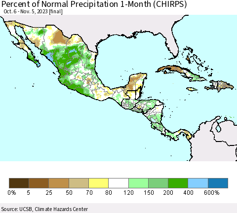 Mexico Central America and the Caribbean Percent of Normal Precipitation 1-Month (CHIRPS) Thematic Map For 10/6/2023 - 11/5/2023