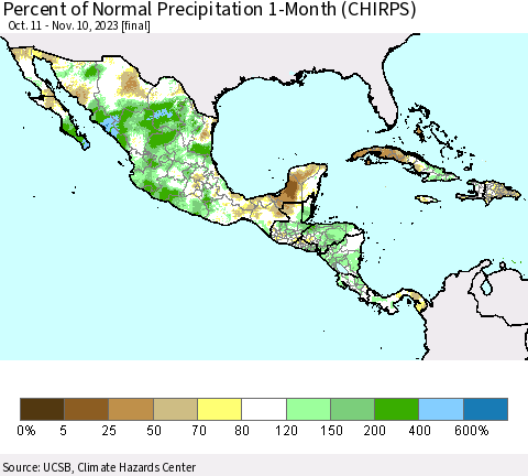 Mexico Central America and the Caribbean Percent of Normal Precipitation 1-Month (CHIRPS) Thematic Map For 10/11/2023 - 11/10/2023
