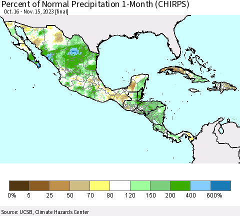 Mexico Central America and the Caribbean Percent of Normal Precipitation 1-Month (CHIRPS) Thematic Map For 10/16/2023 - 11/15/2023