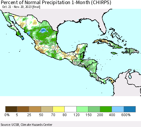 Mexico Central America and the Caribbean Percent of Normal Precipitation 1-Month (CHIRPS) Thematic Map For 10/21/2023 - 11/20/2023