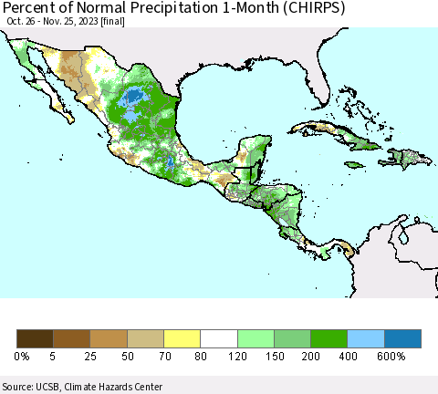 Mexico Central America and the Caribbean Percent of Normal Precipitation 1-Month (CHIRPS) Thematic Map For 10/26/2023 - 11/25/2023
