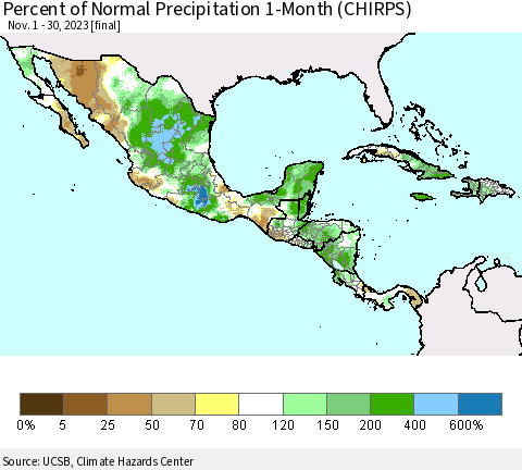 Mexico Central America and the Caribbean Percent of Normal Precipitation 1-Month (CHIRPS) Thematic Map For 11/1/2023 - 11/30/2023