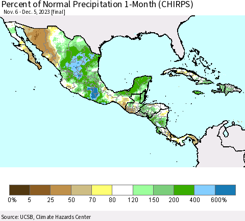 Mexico Central America and the Caribbean Percent of Normal Precipitation 1-Month (CHIRPS) Thematic Map For 11/6/2023 - 12/5/2023