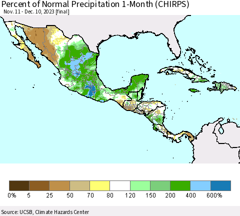 Mexico Central America and the Caribbean Percent of Normal Precipitation 1-Month (CHIRPS) Thematic Map For 11/11/2023 - 12/10/2023