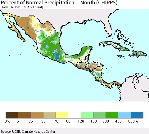 Mexico Central America and the Caribbean Percent of Normal Precipitation 1-Month (CHIRPS) Thematic Map For 11/16/2023 - 12/15/2023