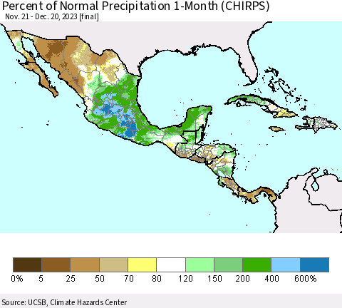 Mexico Central America and the Caribbean Percent of Normal Precipitation 1-Month (CHIRPS) Thematic Map For 11/21/2023 - 12/20/2023