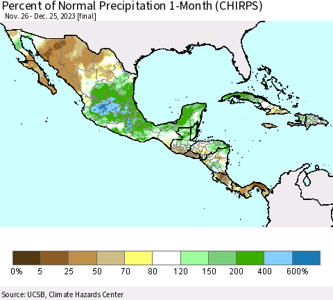 Mexico Central America and the Caribbean Percent of Normal Precipitation 1-Month (CHIRPS) Thematic Map For 11/26/2023 - 12/25/2023