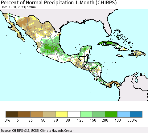 Mexico Central America and the Caribbean Percent of Normal Precipitation 1-Month (CHIRPS) Thematic Map For 12/1/2023 - 12/31/2023