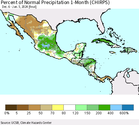 Mexico Central America and the Caribbean Percent of Normal Precipitation 1-Month (CHIRPS) Thematic Map For 12/6/2023 - 1/5/2024