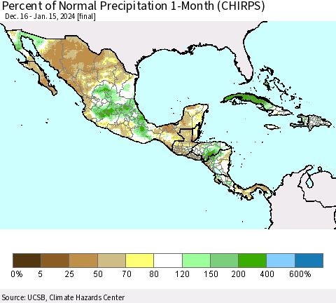 Mexico Central America and the Caribbean Percent of Normal Precipitation 1-Month (CHIRPS) Thematic Map For 12/16/2023 - 1/15/2024