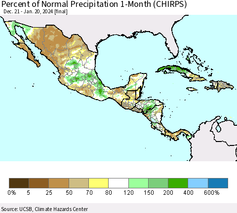 Mexico Central America and the Caribbean Percent of Normal Precipitation 1-Month (CHIRPS) Thematic Map For 12/21/2023 - 1/20/2024