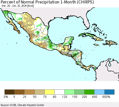 Mexico Central America and the Caribbean Percent of Normal Precipitation 1-Month (CHIRPS) Thematic Map For 12/26/2023 - 1/25/2024