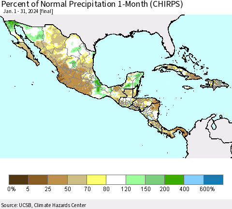 Mexico Central America and the Caribbean Percent of Normal Precipitation 1-Month (CHIRPS) Thematic Map For 1/1/2024 - 1/31/2024