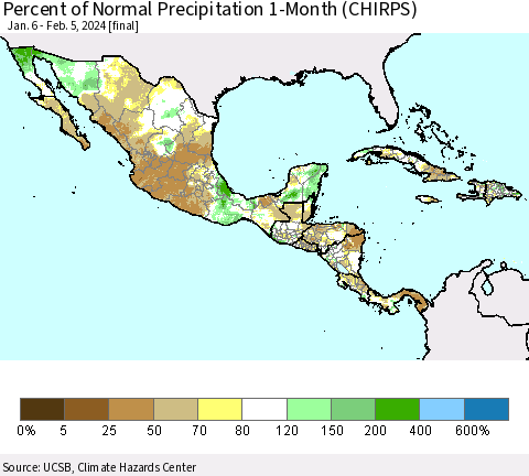 Mexico Central America and the Caribbean Percent of Normal Precipitation 1-Month (CHIRPS) Thematic Map For 1/6/2024 - 2/5/2024