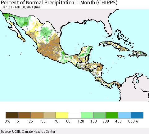 Mexico Central America and the Caribbean Percent of Normal Precipitation 1-Month (CHIRPS) Thematic Map For 1/11/2024 - 2/10/2024