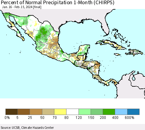 Mexico Central America and the Caribbean Percent of Normal Precipitation 1-Month (CHIRPS) Thematic Map For 1/16/2024 - 2/15/2024