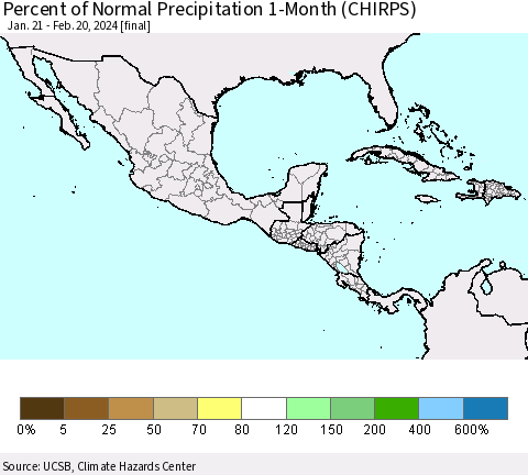 Mexico Central America and the Caribbean Percent of Normal Precipitation 1-Month (CHIRPS) Thematic Map For 1/21/2024 - 2/20/2024
