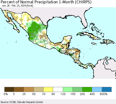 Mexico Central America and the Caribbean Percent of Normal Precipitation 1-Month (CHIRPS) Thematic Map For 1/26/2024 - 2/25/2024