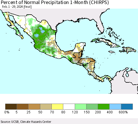 Mexico Central America and the Caribbean Percent of Normal Precipitation 1-Month (CHIRPS) Thematic Map For 2/1/2024 - 2/29/2024