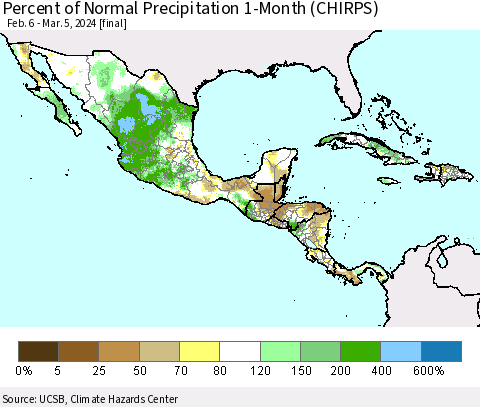 Mexico Central America and the Caribbean Percent of Normal Precipitation 1-Month (CHIRPS) Thematic Map For 2/6/2024 - 3/5/2024